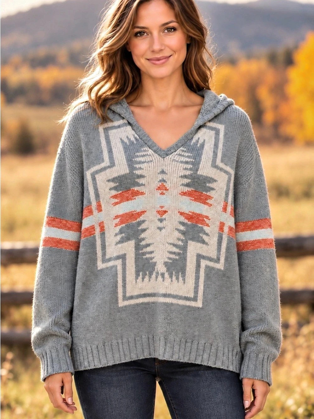 Pendleton Southwestern Geometric Hooded Cotton Sweater | XL